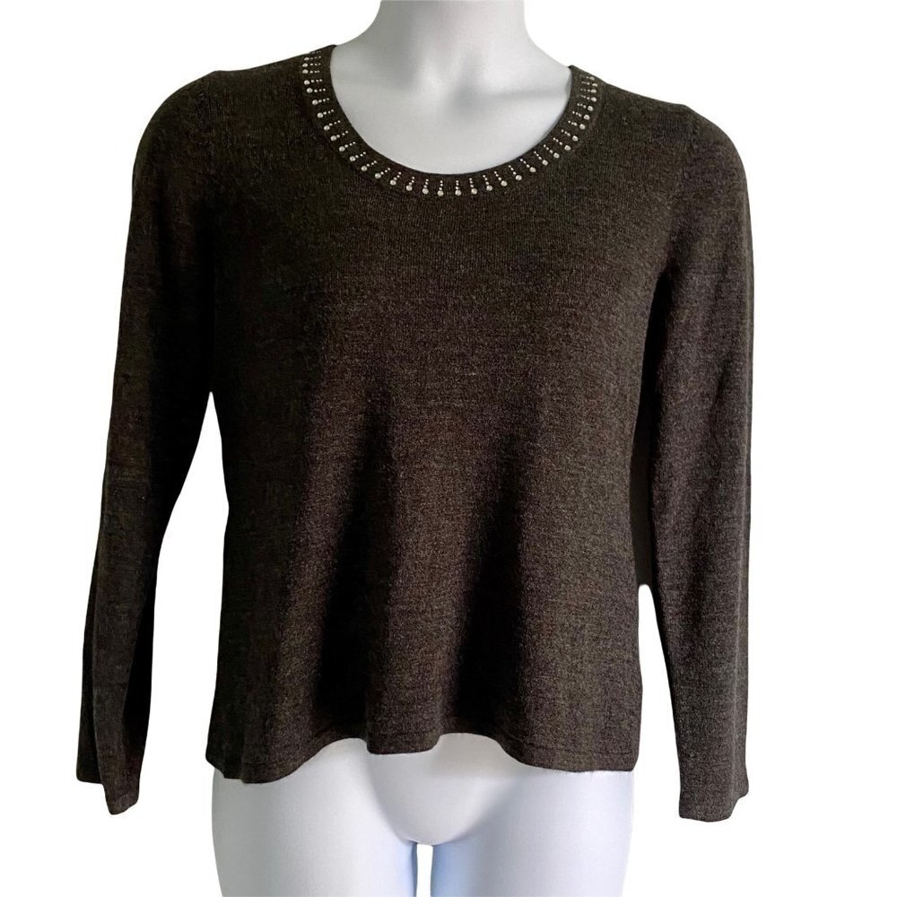 Karen Scott Grey Acrylic Sweater Embellished Neckline Womens Large